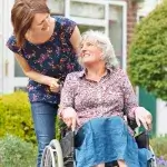 Mantelzorg ondersteuning: moeder in rolstoel en dochter die haar duwt kijken elkaar liefdevol aan