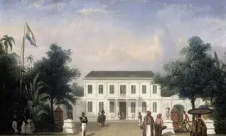 House on the Rijswijk, Batavia (Jalan Veteran), by Ernest Alfred Hardouin, 1835-45, Dutch Colonial painting, oil on canvas. Built by Pieter Tency in 1796.