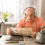 Een oudere man aan tafel met kranten en tijdschriften, een radio en een koptelefoon op.